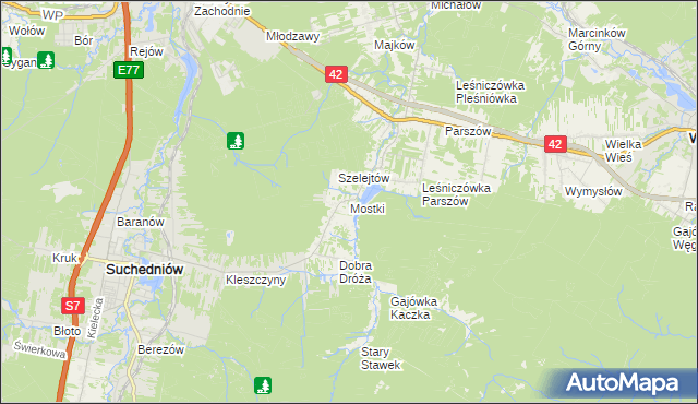 mapa Mostki gmina Suchedniów, Mostki gmina Suchedniów na mapie Targeo