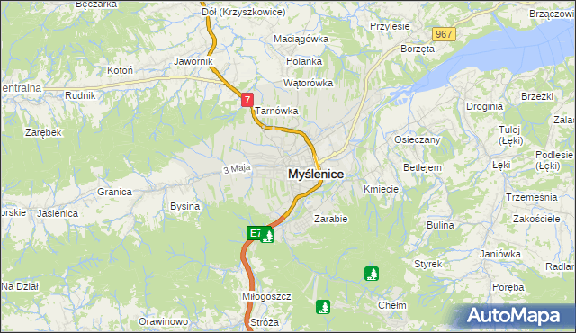 mapa Myślenice, Myślenice na mapie Targeo