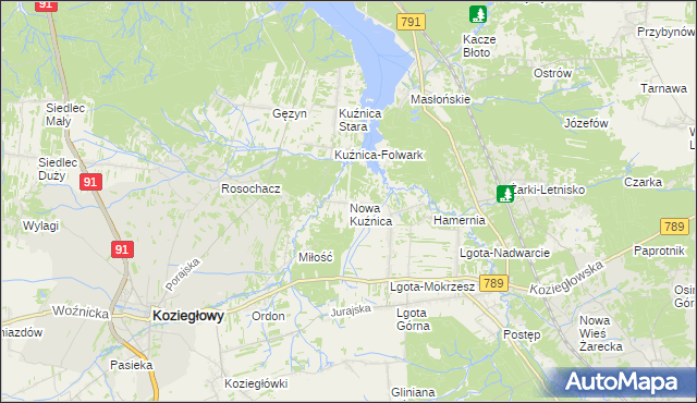 mapa Nowa Kuźnica gmina Koziegłowy, Nowa Kuźnica gmina Koziegłowy na mapie Targeo