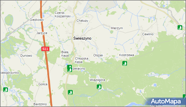 mapa Olszak gmina Świeszyno, Olszak gmina Świeszyno na mapie Targeo