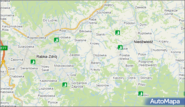 mapa Olszówka gmina Mszana Dolna, Olszówka gmina Mszana Dolna na mapie Targeo