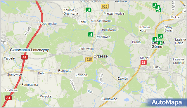 mapa Orzesze powiat mikołowski, Orzesze powiat mikołowski na mapie Targeo