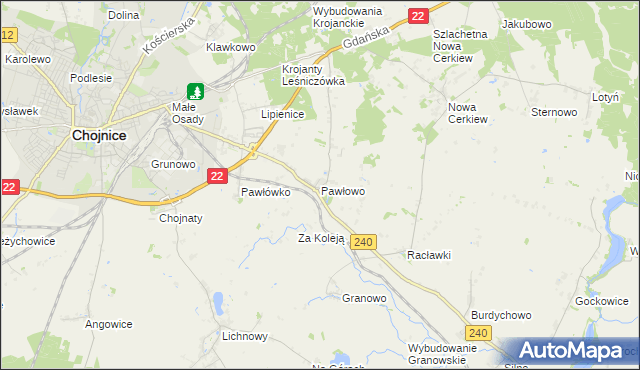 mapa Pawłowo gmina Chojnice, Pawłowo gmina Chojnice na mapie Targeo