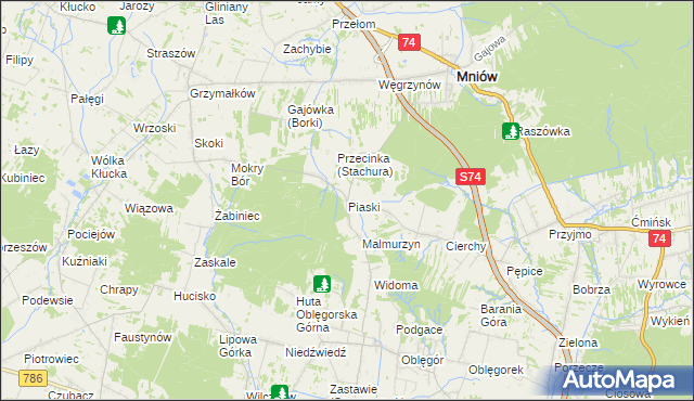 mapa Piaski gmina Mniów, Piaski gmina Mniów na mapie Targeo