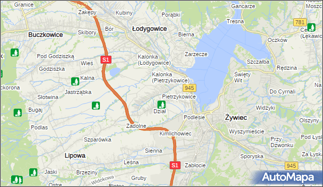 mapa Pietrzykowice gmina Łodygowice, Pietrzykowice gmina Łodygowice na mapie Targeo