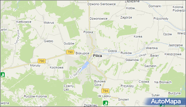 mapa Pilica powiat zawierciański, Pilica powiat zawierciański na mapie Targeo