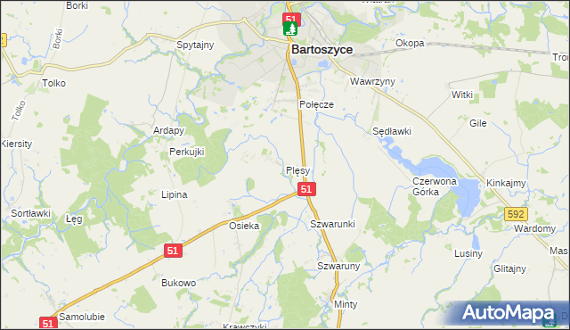mapa Plęsy gmina Bartoszyce, Plęsy gmina Bartoszyce na mapie Targeo