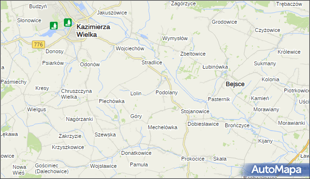 mapa Podolany gmina Kazimierza Wielka, Podolany gmina Kazimierza Wielka na mapie Targeo