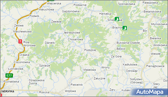 mapa Podszkle gmina Czarny Dunajec, Podszkle gmina Czarny Dunajec na mapie Targeo