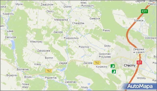 mapa Polichno gmina Chęciny, Polichno gmina Chęciny na mapie Targeo