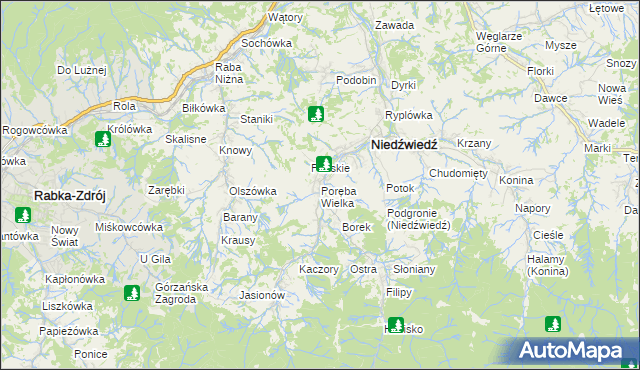 mapa Poręba Wielka gmina Niedźwiedź, Poręba Wielka gmina Niedźwiedź na mapie Targeo