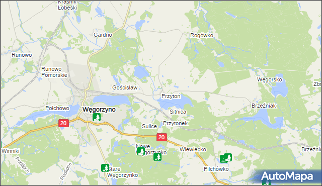 mapa Przytoń gmina Węgorzyno, Przytoń gmina Węgorzyno na mapie Targeo