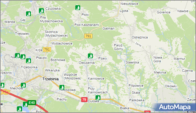 mapa Psary gmina Trzebinia, Psary gmina Trzebinia na mapie Targeo