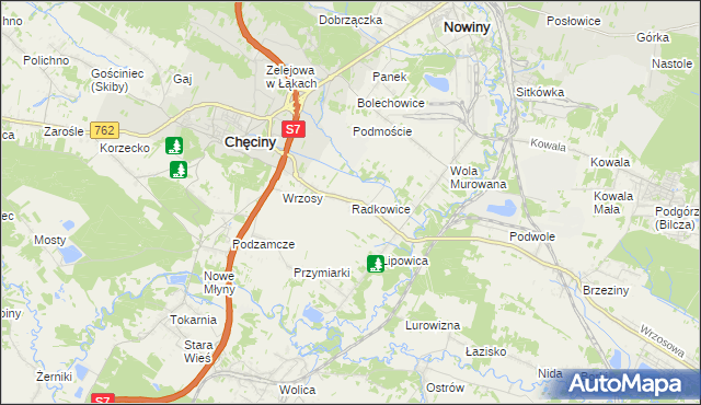 mapa Radkowice gmina Chęciny, Radkowice gmina Chęciny na mapie Targeo