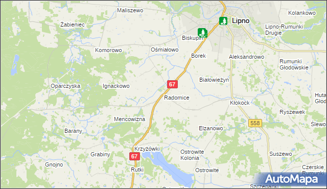 mapa Radomice gmina Lipno, Radomice gmina Lipno na mapie Targeo