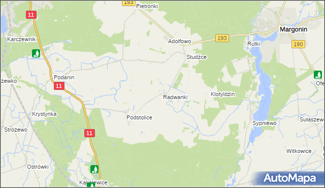 mapa Radwanki gmina Margonin, Radwanki gmina Margonin na mapie Targeo