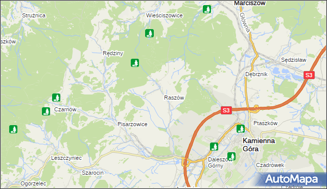 mapa Raszów gmina Kamienna Góra, Raszów gmina Kamienna Góra na mapie Targeo