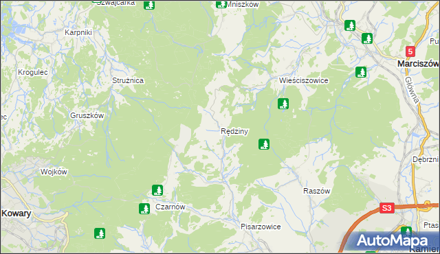 mapa Rędziny gmina Kamienna Góra, Rędziny gmina Kamienna Góra na mapie Targeo