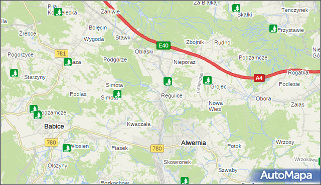 mapa Regulice gmina Alwernia, Regulice gmina Alwernia na mapie Targeo