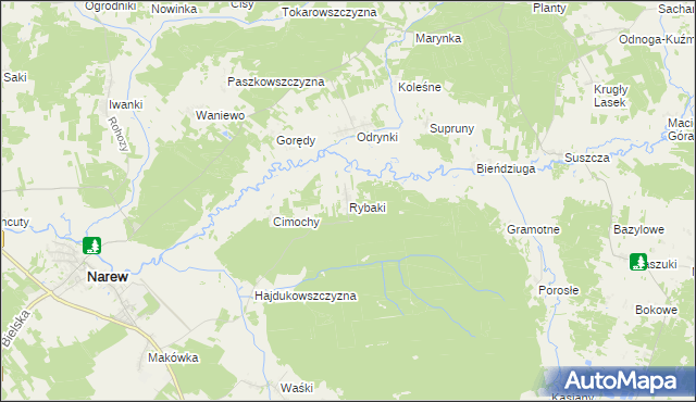 mapa Rybaki gmina Narew, Rybaki gmina Narew na mapie Targeo