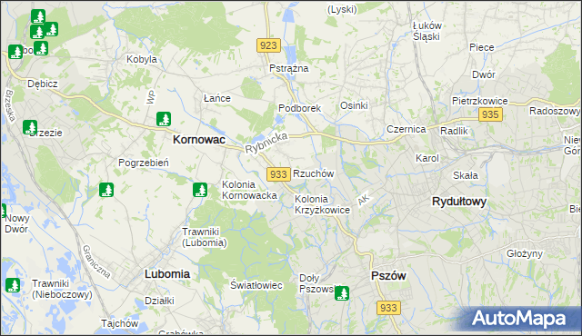 mapa Rzuchów gmina Kornowac, Rzuchów gmina Kornowac na mapie Targeo