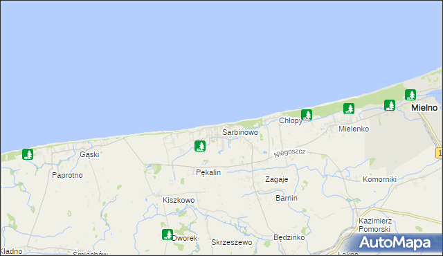 mapa Sarbinowo gmina Mielno, Sarbinowo gmina Mielno na mapie Targeo