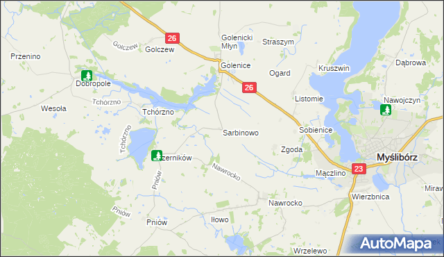 mapa Sarbinowo gmina Myślibórz, Sarbinowo gmina Myślibórz na mapie Targeo