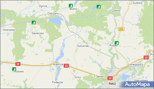 mapa Sokoliniec gmina Recz, Sokoliniec gmina Recz na mapie Targeo