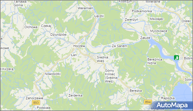 mapa Średnia Wieś gmina Lesko, Średnia Wieś gmina Lesko na mapie Targeo