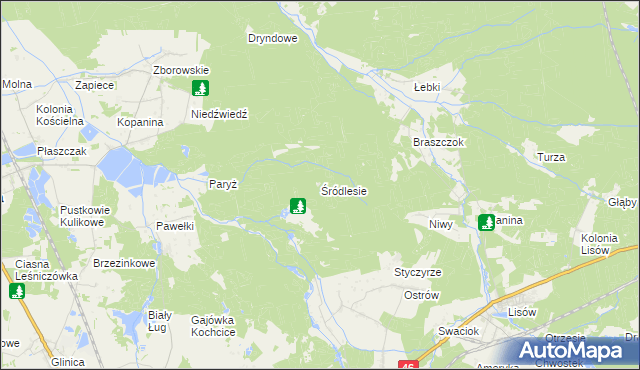 mapa Śródlesie gmina Kochanowice, Śródlesie gmina Kochanowice na mapie Targeo