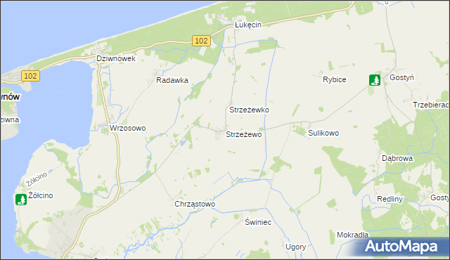 mapa Strzeżewo gmina Kamień Pomorski, Strzeżewo gmina Kamień Pomorski na mapie Targeo