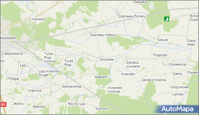 mapa Strzyżew gmina Łuków, Strzyżew gmina Łuków na mapie Targeo