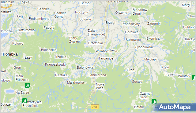 mapa Targanice, Targanice na mapie Targeo