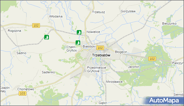 mapa Trzebiatów powiat gryficki, Trzebiatów powiat gryficki na mapie Targeo
