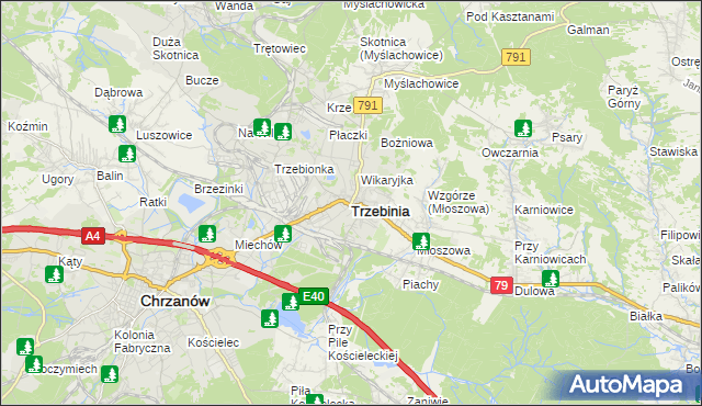 mapa Trzebinia powiat chrzanowski, Trzebinia powiat chrzanowski na mapie Targeo