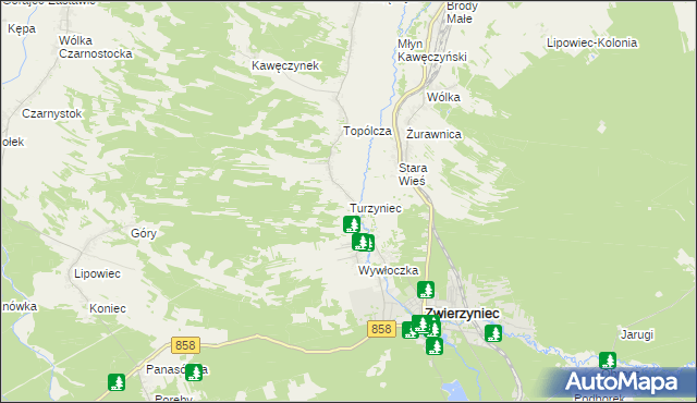 mapa Turzyniec gmina Zwierzyniec, Turzyniec gmina Zwierzyniec na mapie Targeo