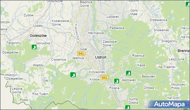 mapa Ustroń powiat cieszyński, Ustroń powiat cieszyński na mapie Targeo