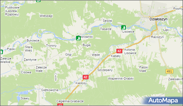 mapa Węże gmina Działoszyn, Węże gmina Działoszyn na mapie Targeo