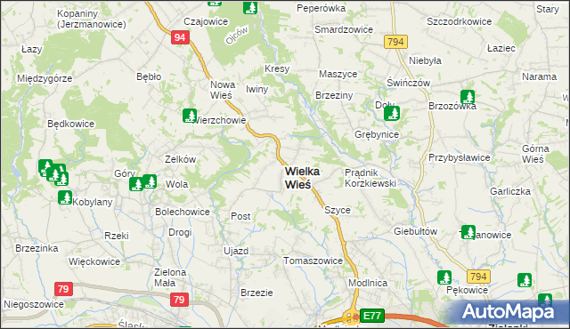 mapa Wielka Wieś powiat krakowski, Wielka Wieś powiat krakowski na mapie Targeo
