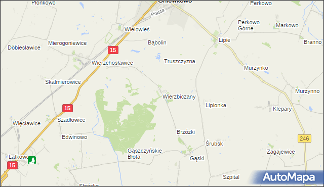 mapa Wierzbiczany gmina Gniewkowo, Wierzbiczany gmina Gniewkowo na mapie Targeo