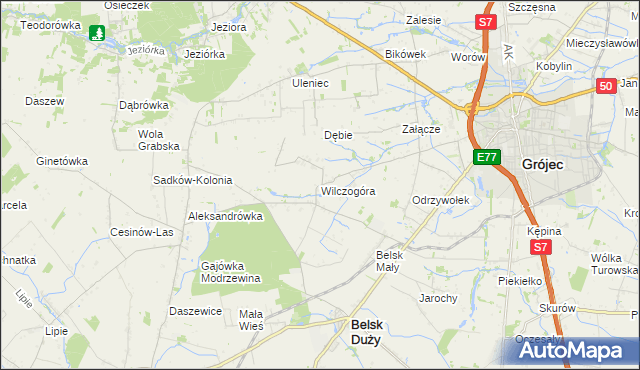 mapa Wilczogóra gmina Belsk Duży, Wilczogóra gmina Belsk Duży na mapie Targeo
