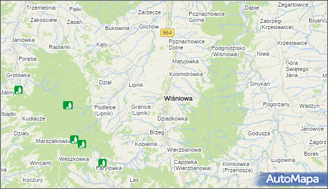 mapa Wiśniowa powiat myślenicki, Wiśniowa powiat myślenicki na mapie Targeo