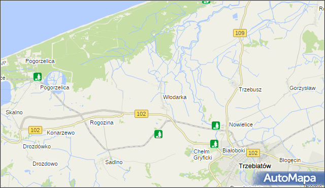 mapa Włodarka gmina Trzebiatów, Włodarka gmina Trzebiatów na mapie Targeo