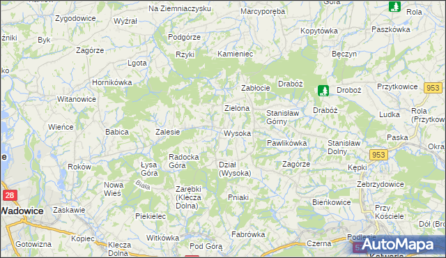 mapa Wysoka gmina Wadowice, Wysoka gmina Wadowice na mapie Targeo