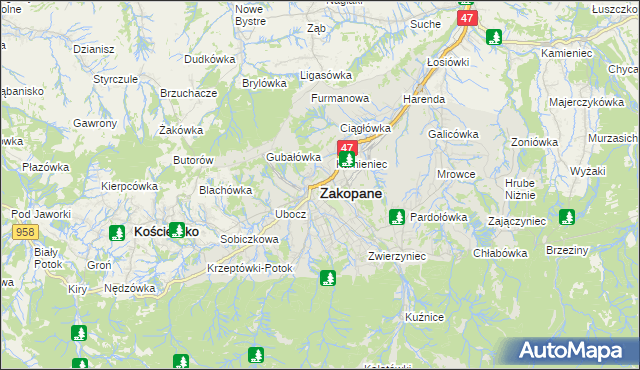 mapa Zakopanego, Zakopane na mapie Targeo