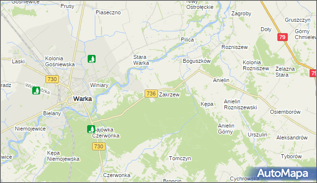 mapa Zakrzew gmina Grabów nad Pilicą, Zakrzew gmina Grabów nad Pilicą na mapie Targeo