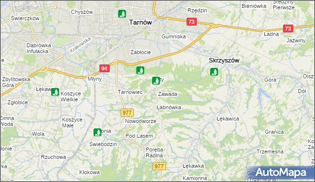 mapa Zawada gmina Tarnów, Zawada gmina Tarnów na mapie Targeo