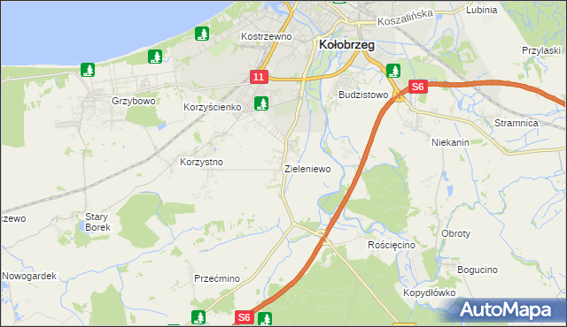 mapa Zieleniewo gmina Kołobrzeg, Zieleniewo gmina Kołobrzeg na mapie Targeo