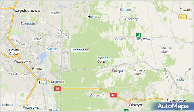 mapa Zielona Góra gmina Olsztyn, Zielona Góra gmina Olsztyn na mapie Targeo