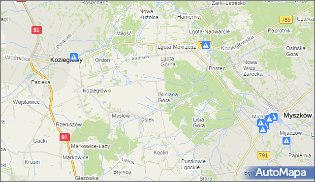 mapa Gliniana Góra gmina Koziegłowy, Gliniana Góra gmina Koziegłowy na mapie Targeo